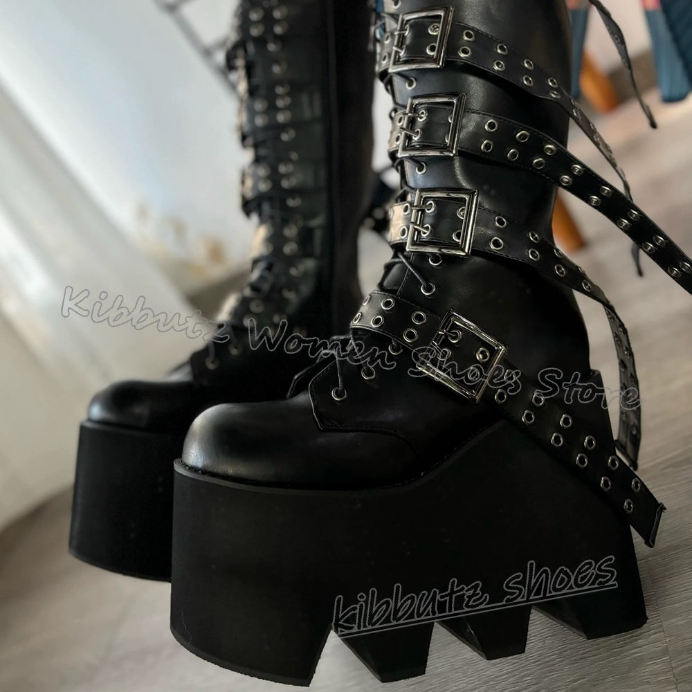 Women'S Fashion Leather Boots - Rivets Platform Knee High Boots Leather