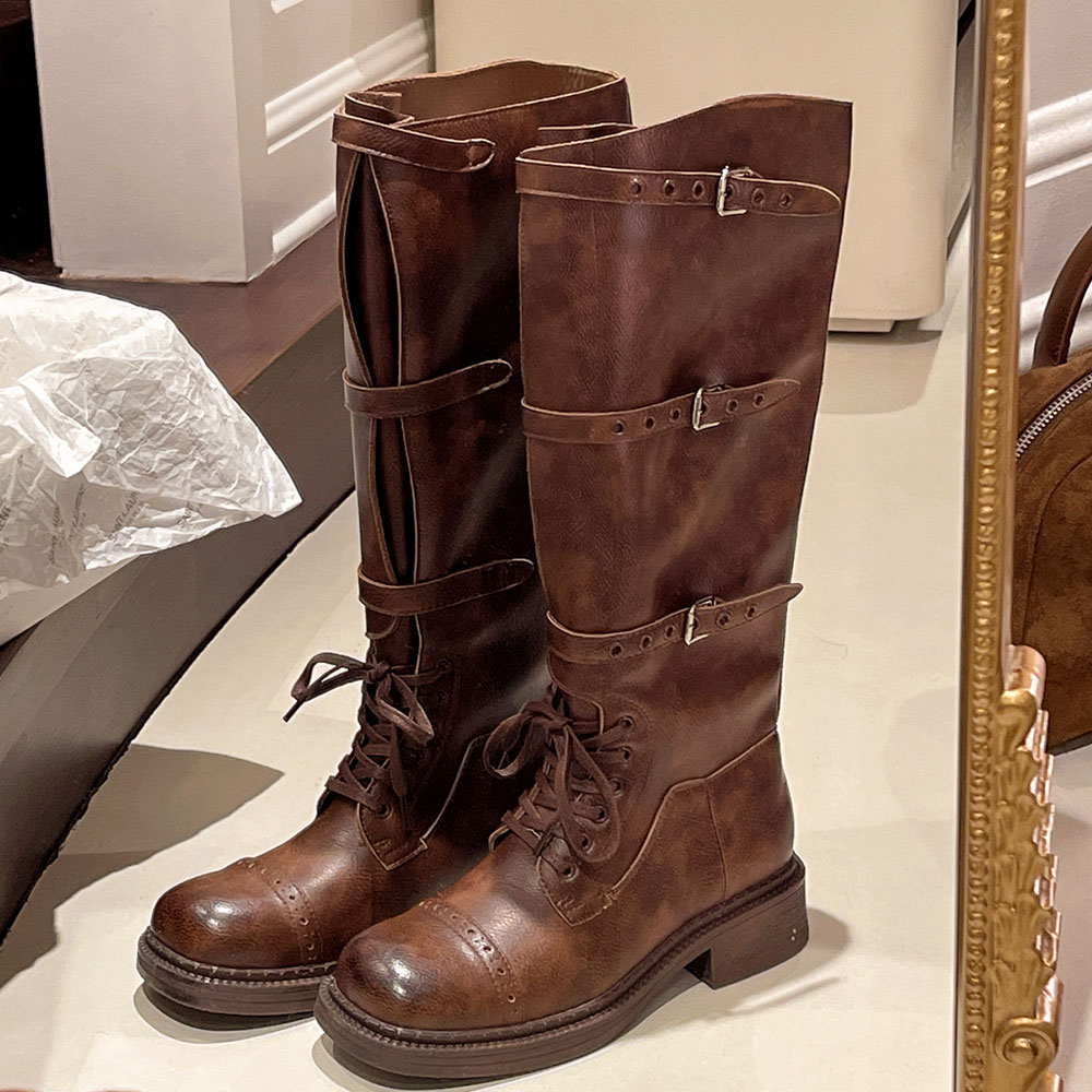 Women'S Fashion Leather Boots - Women's Knee High Boots Vintage Belt