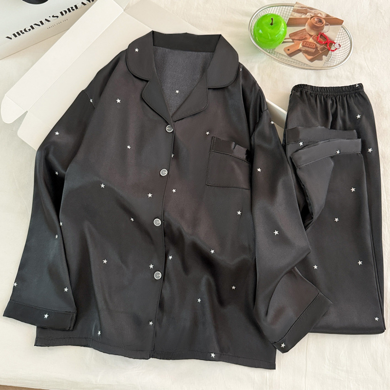 Women'S Fashion Pajamas - Fashionable Simple Star Black Ice Silk