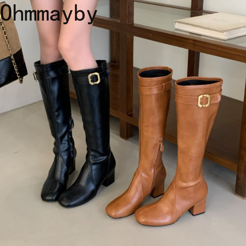Women'S Fashion Leather Boots - Women Retro Square Toe Knee High
