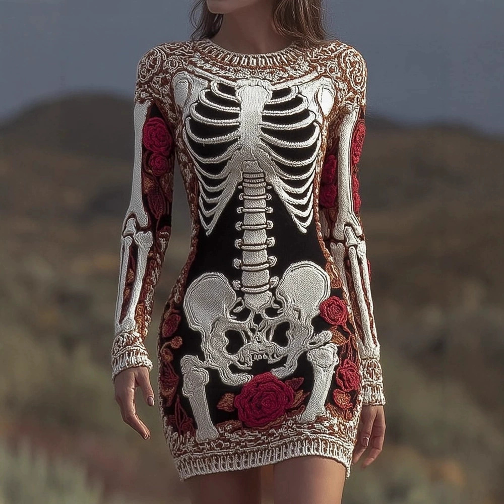 Bodycon Dress Women - Spooky Gothic Skull Round Neck Sweater