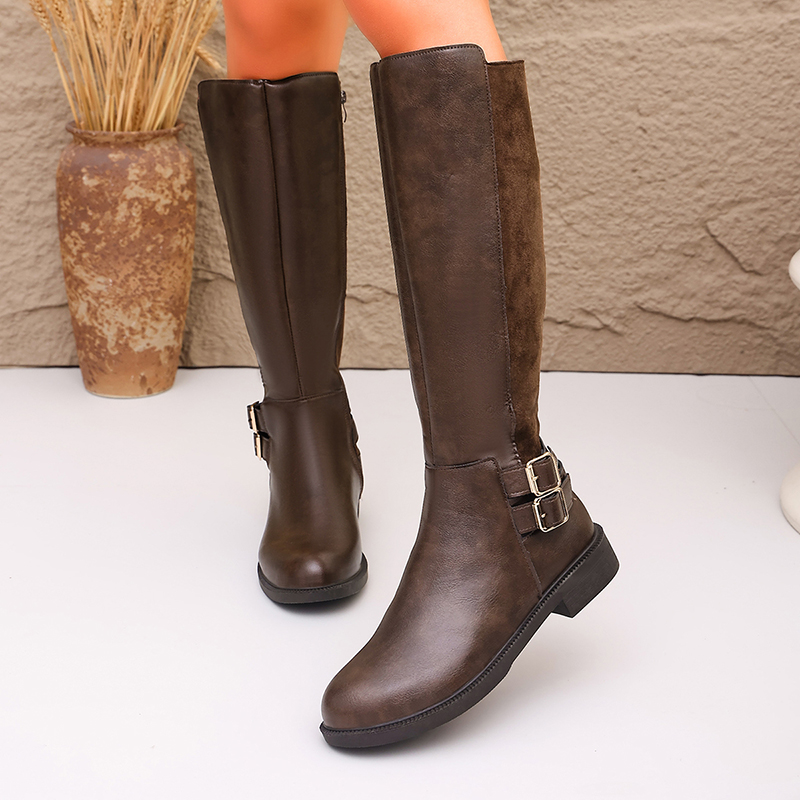 Fashion Buckle Brown Pu Leathe - Women'S Fashion Leather Boots review and price