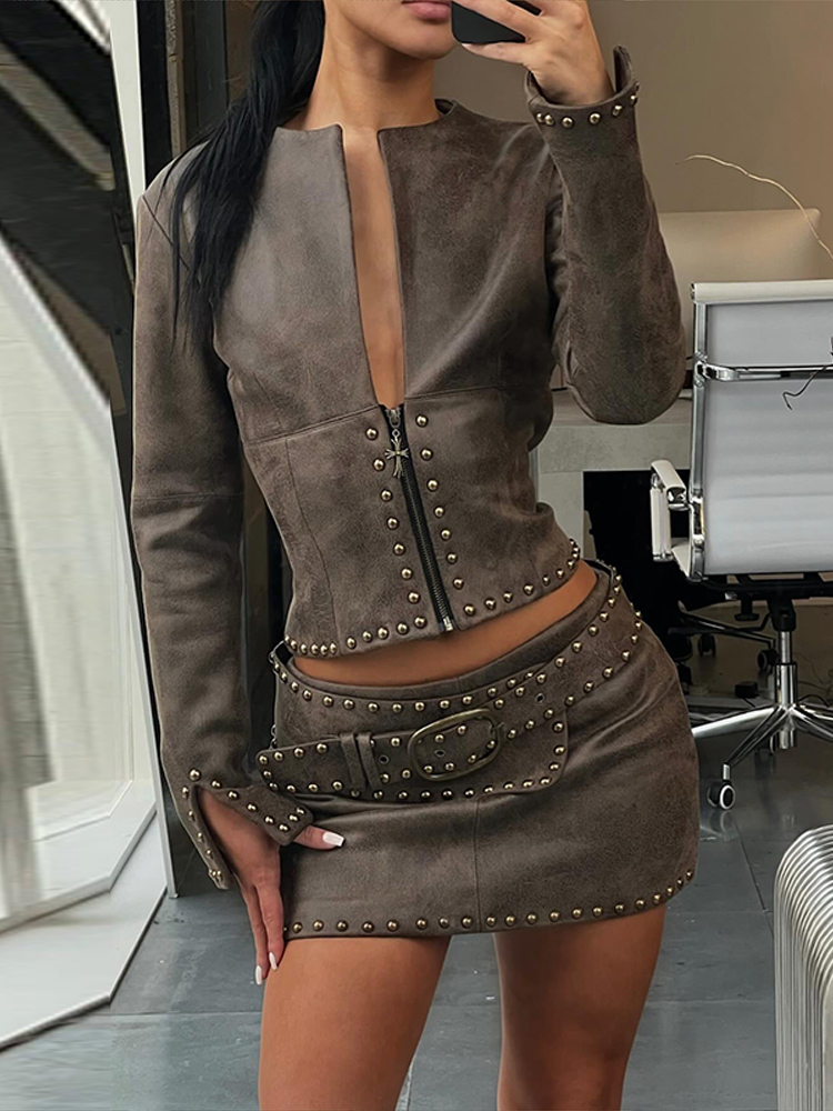Y2k Leather Skirt Set Women Ri - Women'S Fashion Long Coat review and price